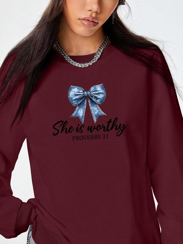 Women's Casual Letter Bow Print Long Sleeve Round Neck Pullover Sweatshirt, Fitted Fall & Winter Fashion, 9 Colors...