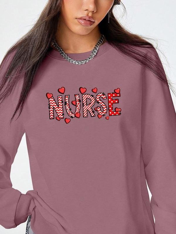 Women's Casual Letter Heart Print Long Sleeve Round Neck Pullover Sweatshirt, Fall & Winter Fashion, Available in 7...