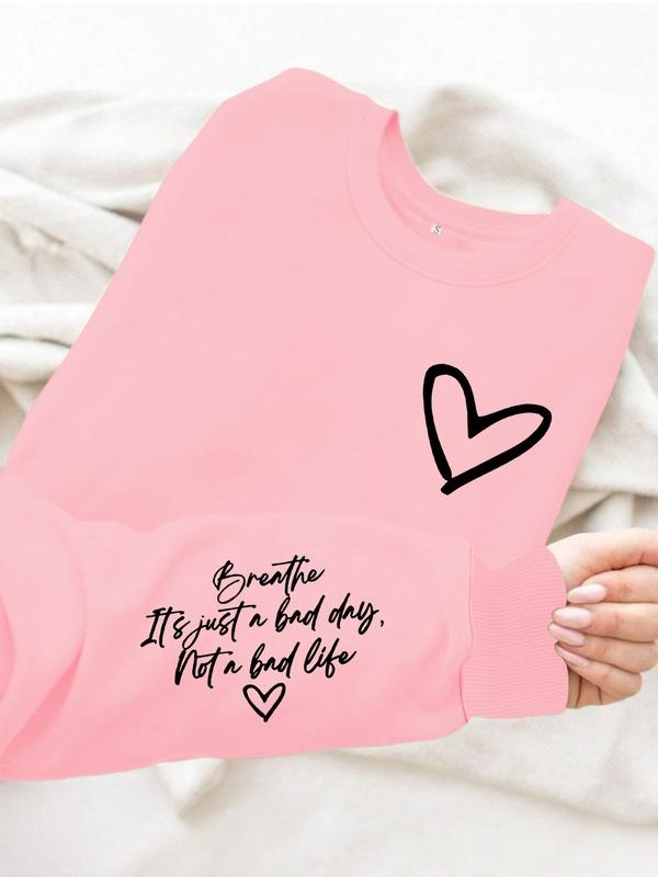 Women's Casual Letter Heart Print Pullover Sweater, Soft Long Sleeve Round Neck Sweatshirt, Comfortable Daily Wear...