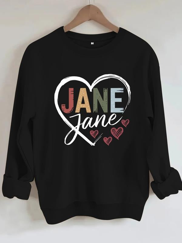 Women's Casual Letter Heart Print Sweatshirt, Round Neck, Fitted Knit Fabric, All-Season Comfort Clothing T-Shirts, Hoodie