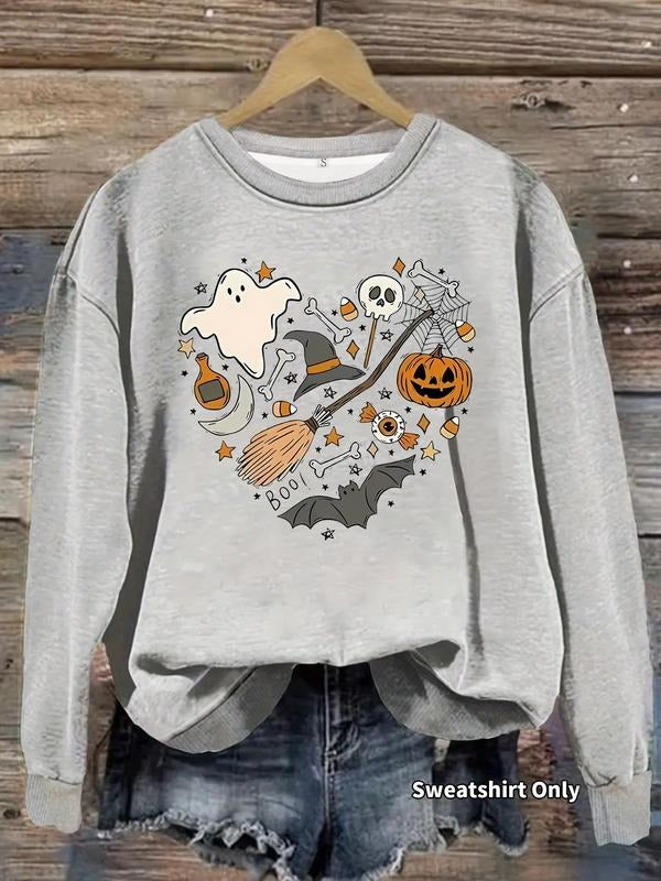 Women's Casual Long Sleeve Round Neck Halloween Pumpkin Print Sweatshirt, Fitted Style for Fall Winter, Comfortable Knit...