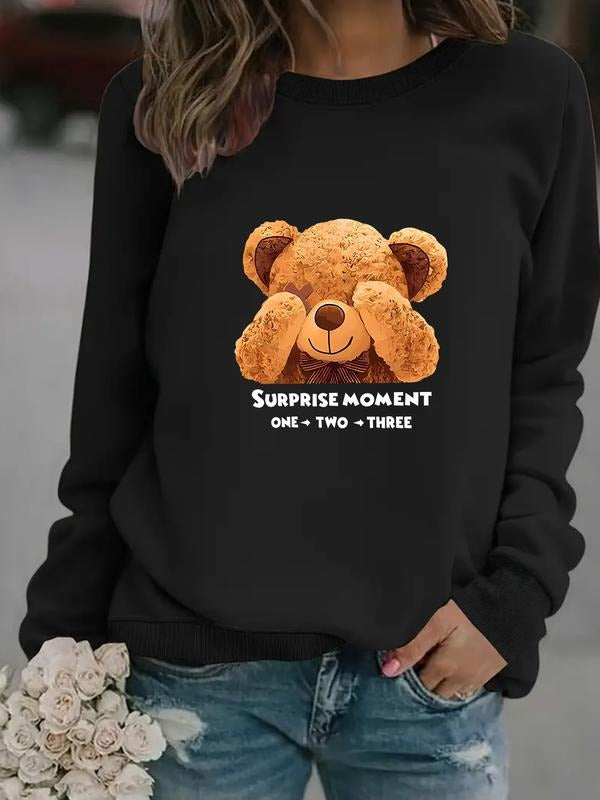 Women's Casual Long Sleeve Round Neck Sweatshirt, Cartoon Bear Print Pullover, Comfortable Fall & Winter Top, Fitted...