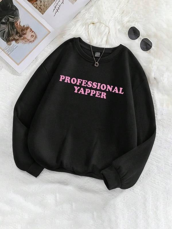 Women's Casual Long Sleeve Sweatshirt, Autumn & Winter Letter Print Top, Round Neck Design Pullover, Comfortable Daily...
