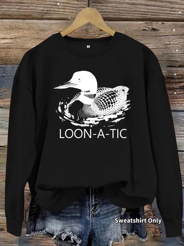 Women's Casual Loon Swan Print Pullover Sweater, Soft Long Sleeve Round Neck Sweatshirt, Comfortable Daily Wear T-Shirts,...