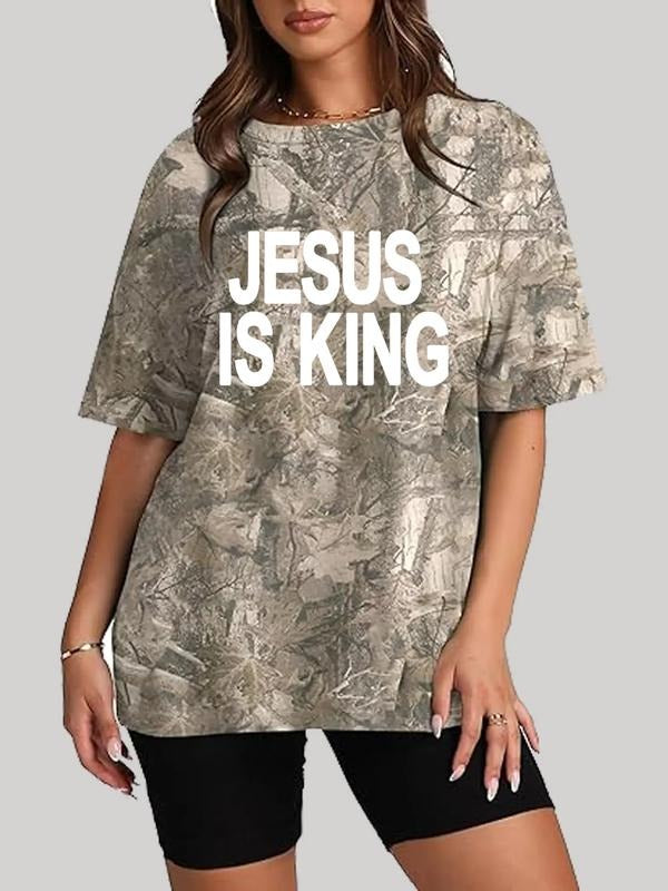 Women's Casual Loose-Fit Camo Shirt, All-Over Leaf Print Round Neck Short Sleeve Top, Summer Street Style Fashion Tee for...