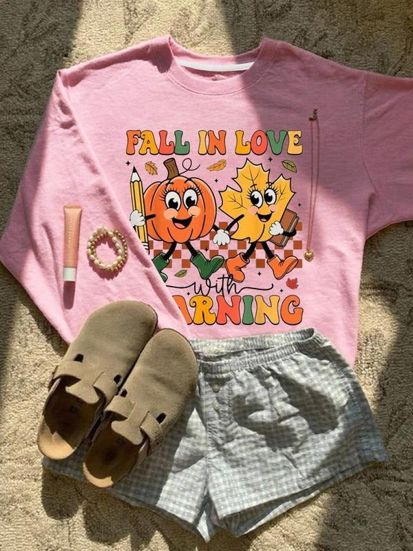 Women's Casual Loose-Fit Cartoon Letter Print Pullover Sweatshirt, Light Fleece Lined Hoodie for Fall & Winter T-Shirts