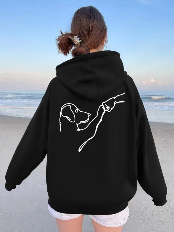 Women's Casual Loose-Fit Hooded Sweatshirt with Dog Print, Thick Knit Pullover for Fall & Winter T-Shirts, Hoodie