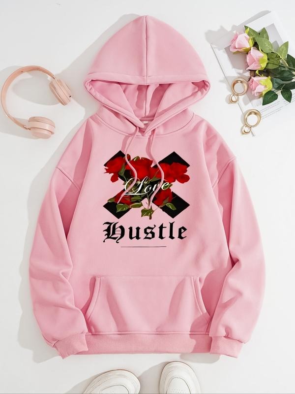 Women's Casual Loose-Fit Hooded Sweatshirt with Rose Love Print, Thick Knit Pullover for Fall & Winter T-Shirts, Hoodie
