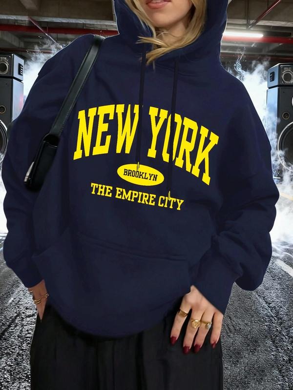 Women's Casual Loose-Fit Hooded Sweatshirt, New York Letter Print, Fleece Lined Pullover for Fall & Winter, Perfect Gift...