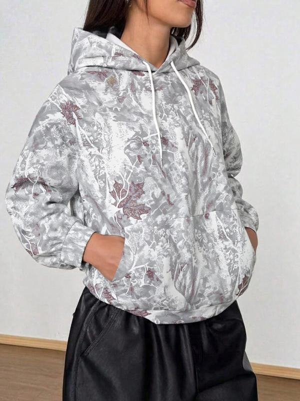 Women's Casual Loose-Fit Hoodie Sweatshirt, All-Over Letter Tree Branch Pattern Design, Fall & Winter Thicker Fabric...