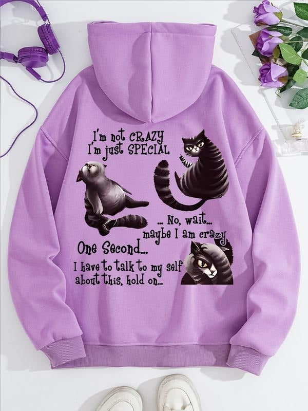 Women's Casual Loose-Fit Hoodie with Cat Print, Thick Knit Fall & Winter Sweatshirt, Pullover with Pockets T-Shirts