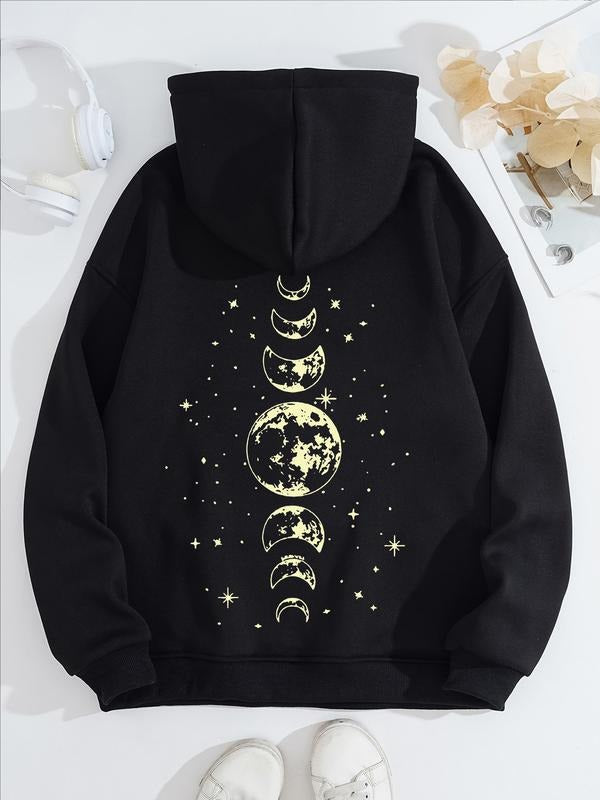Women's Casual Loose-Fit Hoodie with Moon Pattern, Thick Knitted Pullover with Front Pocket, Fall & Winter Sweatshirt...