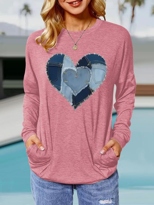 Women's Casual Loose-Fit Long Sleeve Heart Print Pullover Sweatshirt, Comfortable Breathable Fabric for Spring & Fall...
