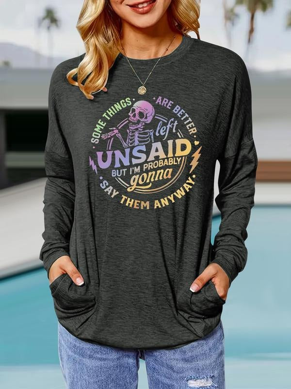 Women's Casual Loose-Fit Long Sleeve Hoodie, Halloween Skull Print Round Neck Pullover, Comfortable Breathable Spring &...