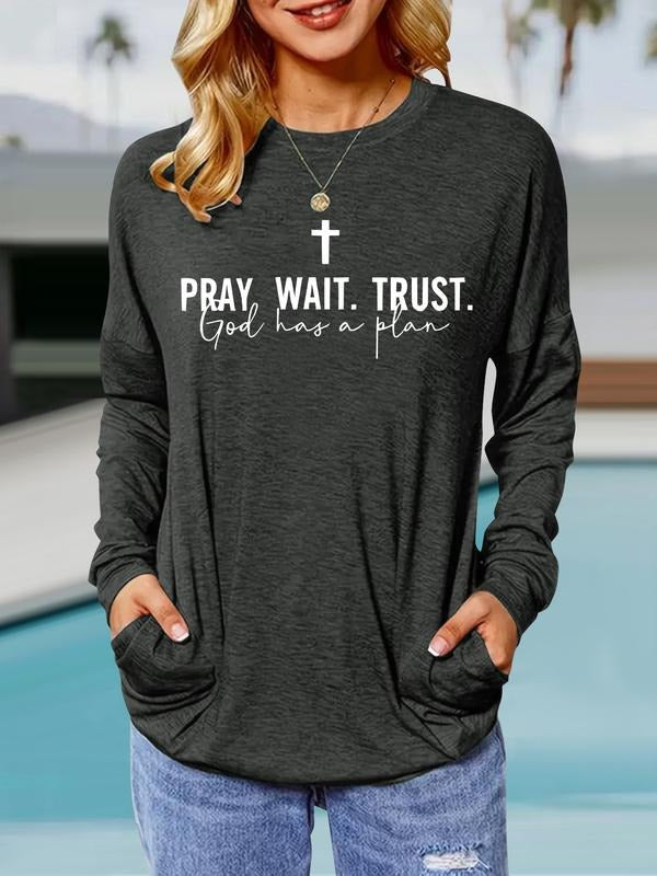 Women's Casual Loose-Fit Long Sleeve Pullover Shirt, Spring & Fall Round Neck Printed Top with Pockets, Comfortable Daily...