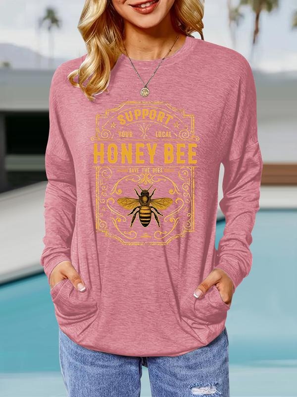 Women's Casual Loose-Fit Long Sleeve Pullover Sweatshirt, Round Neck Bee Print Design, Comfortable & Breathable Fabric...