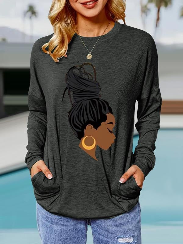 Women's Casual Loose-Fit Long Sleeve Pullover, Round Neck Printed T-Shirt with Pockets, Comfortable Breathable Spring &...