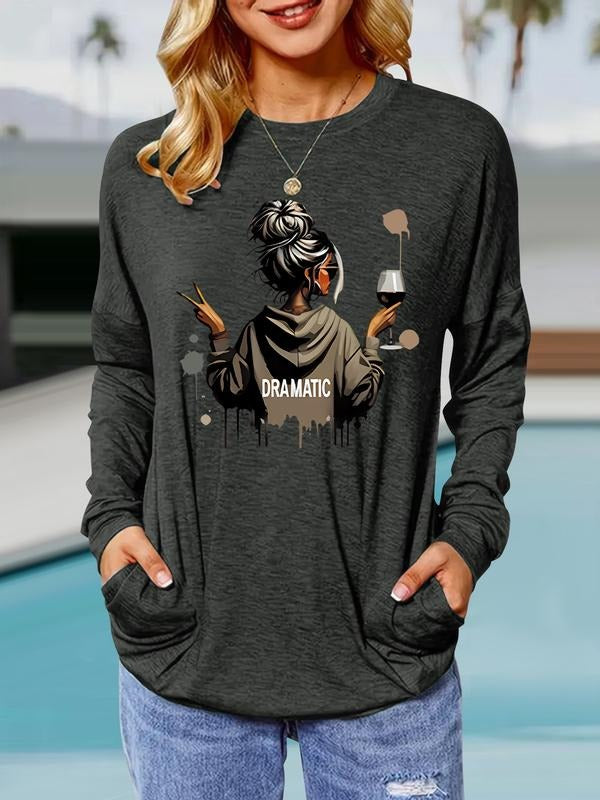 Women's Casual Loose-Fit Long Sleeve Pullover, Spring & Fall Round Neck Printed T-Shirt, Comfortable Breathable Daily...