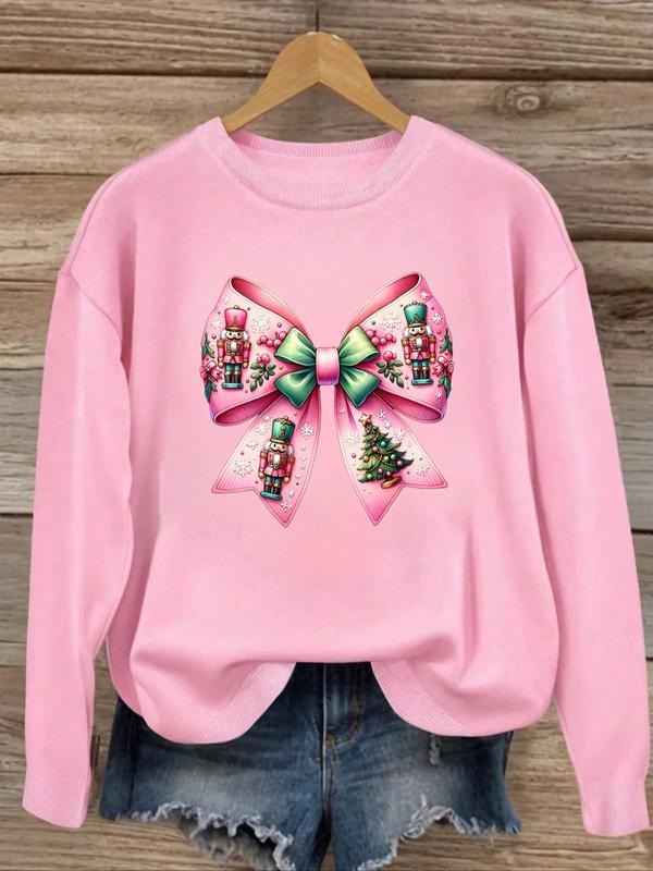 Women's Casual Loose-Fit Long Sleeve Sweatshirt, Round Neck Butterfly Knot Design, Fall & Winter Fashion Top for Daily...