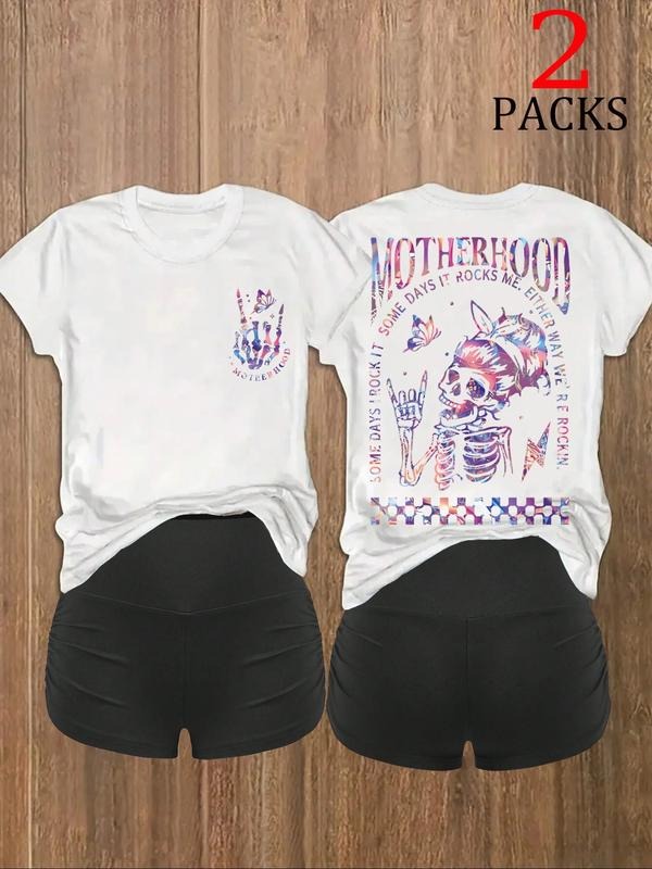 Women's Casual Loose-Fit Round Neck T-Shirts Set, Summer Fashion Gradient Skull Print Tops, Comfortable Lightweight Daily...
