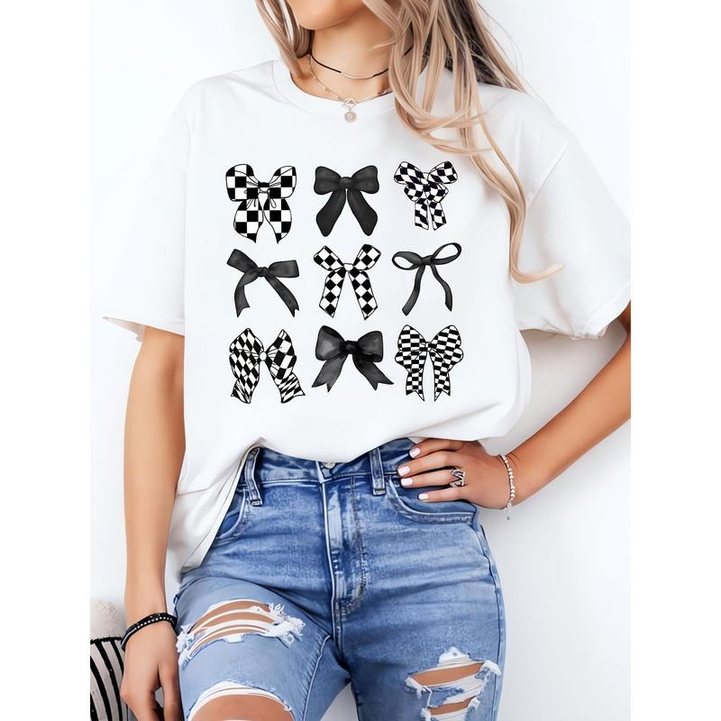 Women's Casual Loose-Fit Short Sleeve T-Shirt with Stylish Bow Print
