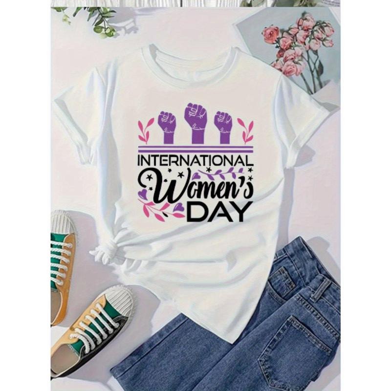Women's Casual Loose Fit T-Shirt - International Women's Day Purple Fist & Stars Print, Soft Breathable Round Neck Short...