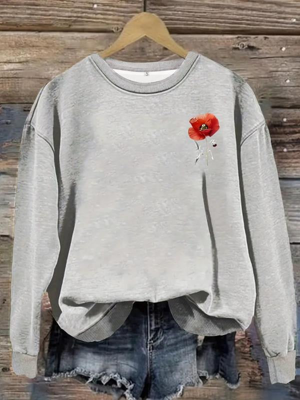 Women's Casual Lotus Print Pullover Sweater, Soft Long Sleeve Round Neck Sweatshirt, Comfortable Daily Wear T-Shirts, Hoodie