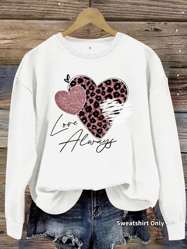 Women's Casual Love Always Leopard Heart Pattern Pullover, Soft Long Sleeve Round Neck Sweatshirt, All-Season Wear...
