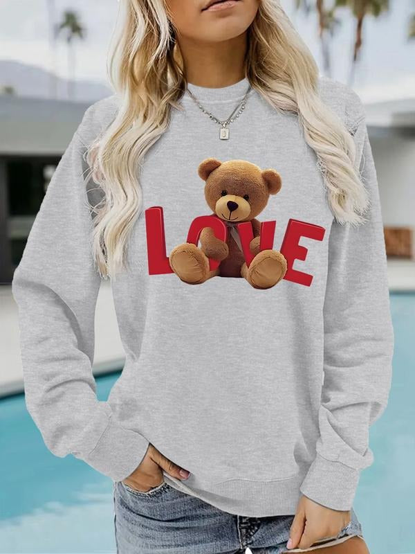 Women's Casual Love Bear Doll Print Pullover Sweater, Soft Long Sleeve Round Neck Sweatshirt, Comfortable Daily Wear...