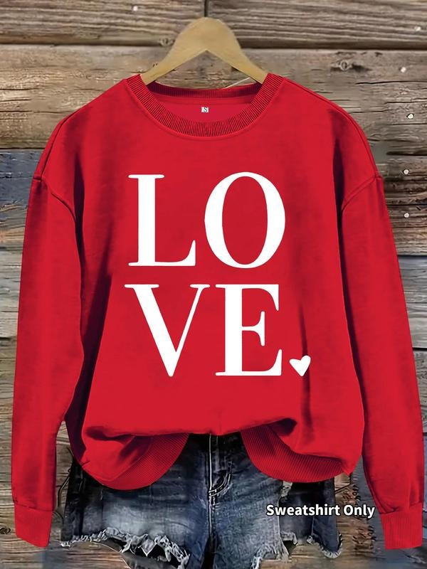 Women's Casual Love Letter Pattern Pullover, Soft Long Sleeve Round Neck Valentine's Day Sweatshirt, All-Season Comfort...