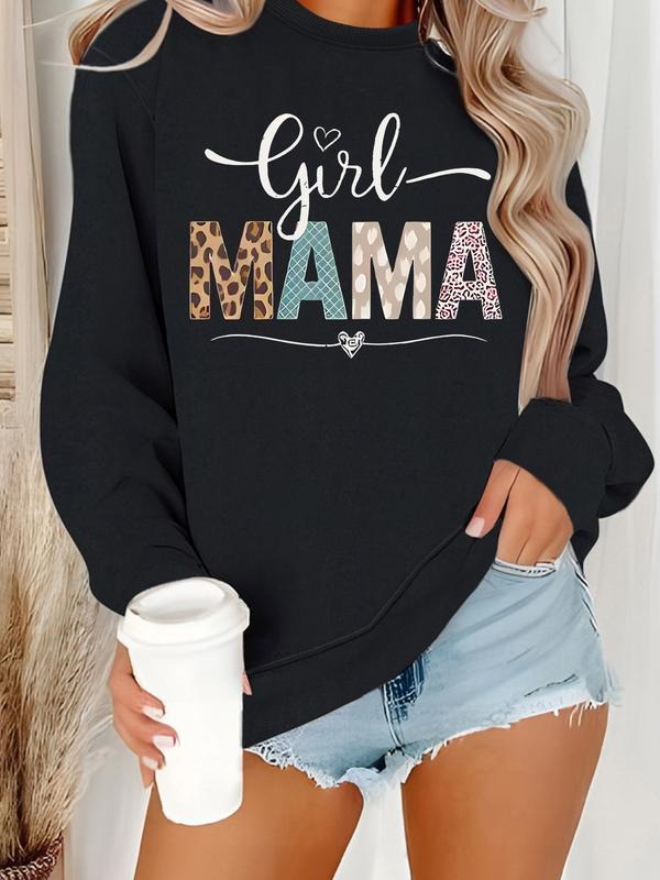 Women's Casual Mama Graphic Pullover Sweater, Soft Long Sleeve Round Neck Sweatshirt, Comfortable Daily Wear T-Shirts, Hoodie