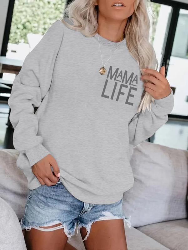 Women's Casual Mama Life Letter Print Pullover Sweater, Soft Long Sleeve Round Neck Sweatshirt, Comfortable Daily Wear...