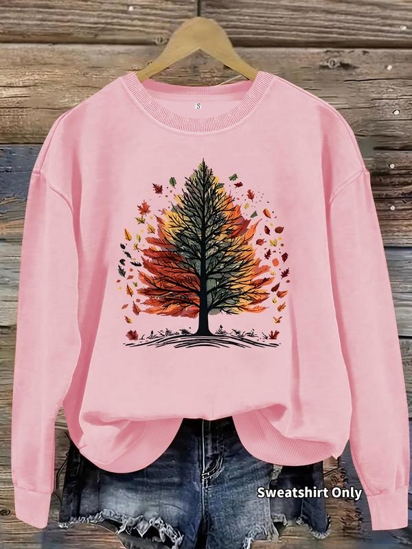 Women's Casual Maple Leaf Print Hoodie, Soft Long Sleeve Round Neck Sweatshirt, All-Season Comfort Clothing T-Shirts