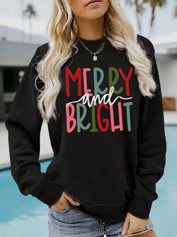 Women's Casual Merry Bright Graphic Pullover Sweater, Soft Long Sleeve Round Neck Sweatshirt, Comfortable Daily Wear...