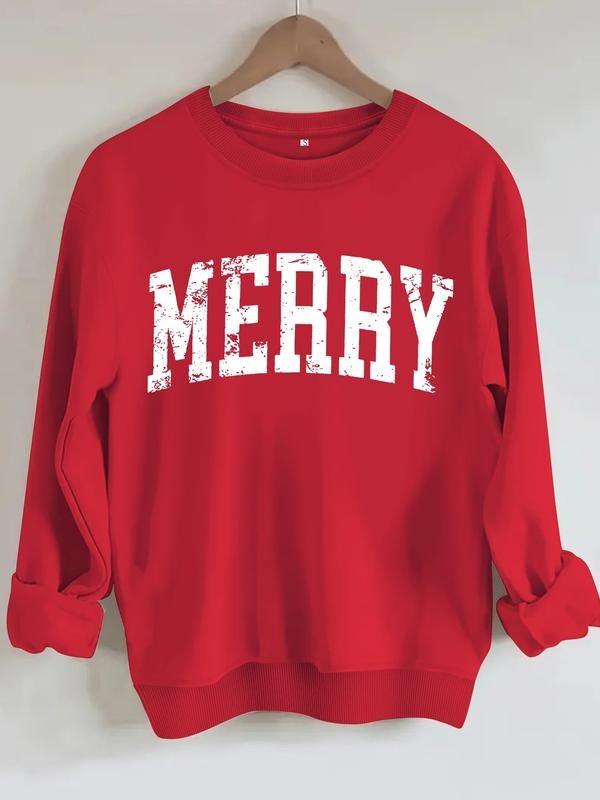 Women's Casual Merry Christmas Graphic Pullover Sweater, Soft Long Sleeve Round Neck Sweatshirt, Comfortable Daily Wear...