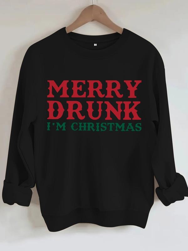 Women's Casual Merry Letter Print Pullover Sweater, Soft Long Sleeve Round Neck Sweatshirt, Comfortable Daily Wear...
