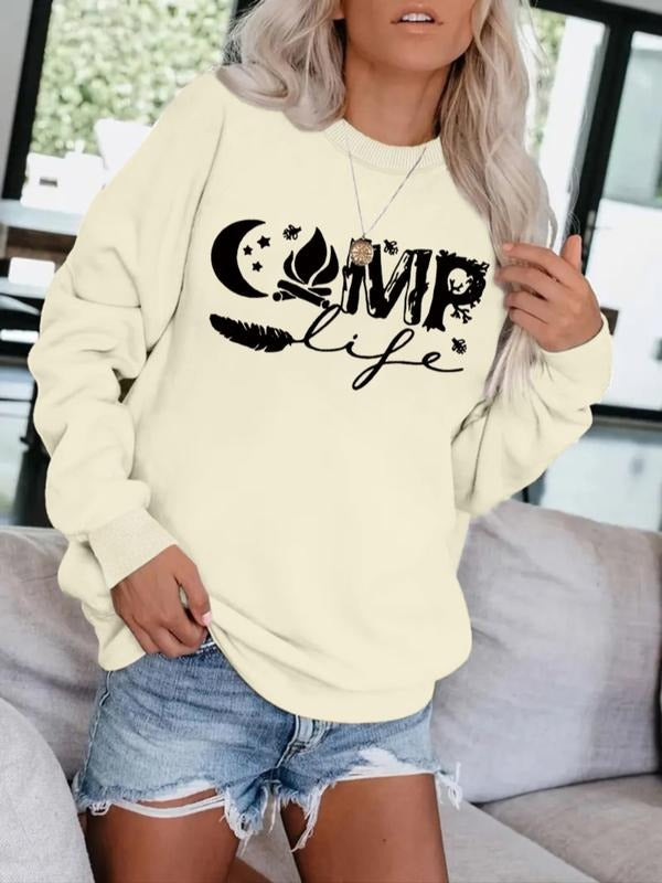 Women's Casual Moon Campfire Pattern Pullover Sweater, Soft Long Sleeve Round Neck Sweatshirt, All-Season Comfort Fit Top...