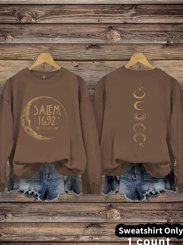 Women's Casual Moon Print Pullover Sweater, Soft Long Sleeve Round Neck Sweatshirt, Comfortable Daily Wear T-Shirts, Hoodie