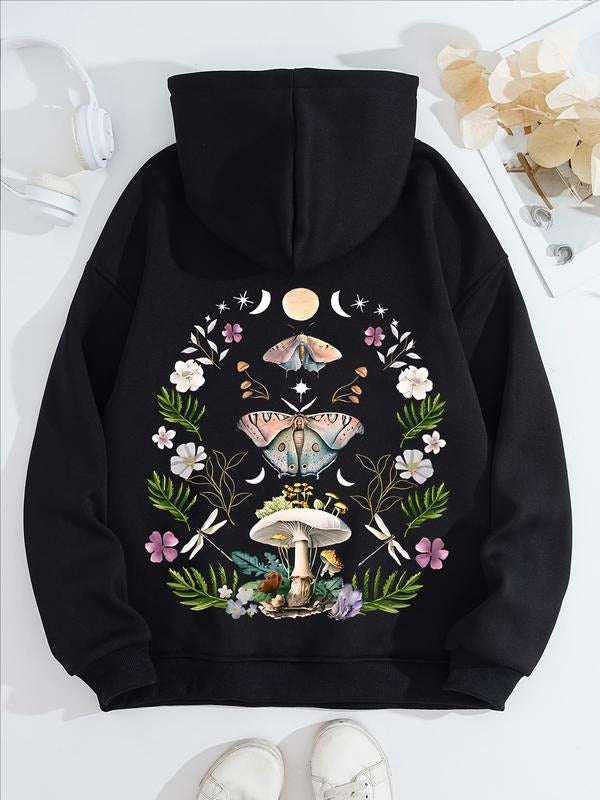 Women's Casual Mushroom Butterfly Floral Hooded Sweatshirt with Front Pocket, Comfortable Winter Pullover, Fall & Winter...