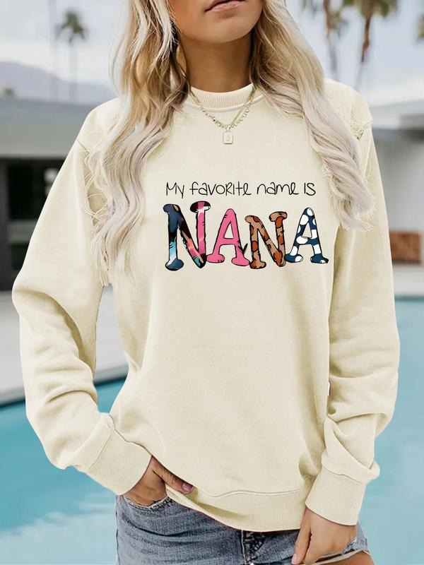 Women's Casual Nana Pattern Pullover Sweater, Soft Long Sleeve Round Neck Sweatshirt, Comfortable Daily Wear T-Shirts, Hoodie