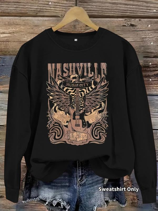 Women's Casual Nashville Guitar Wings Pullover Sweater, Soft Long Sleeve Round Neck Sweatshirt, All-Season Wear T-Shirts,...