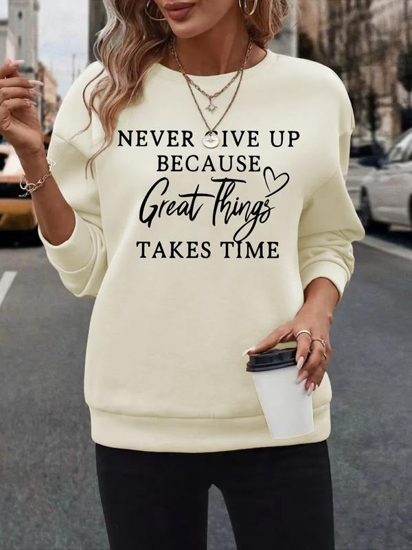 Women's Casual Never Give Pattern Hoodie, Soft Long Sleeve Round Neck Sweatshirt, All-Season Comfort, Durable Fabric T-Shirts