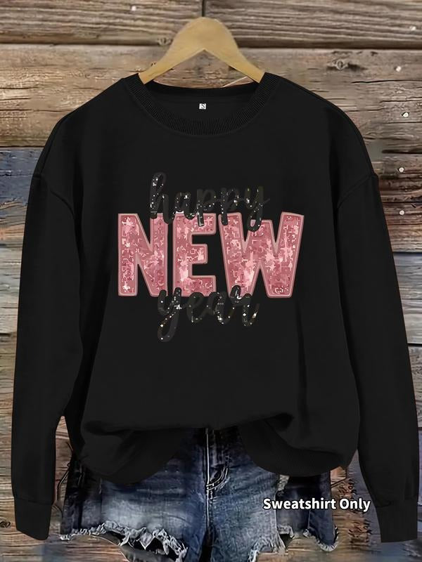 Women's Casual New Happy Year Graphic Pullover Sweater, Soft Long Sleeve Round Neck Sweatshirt, Comfortable Daily Wear...