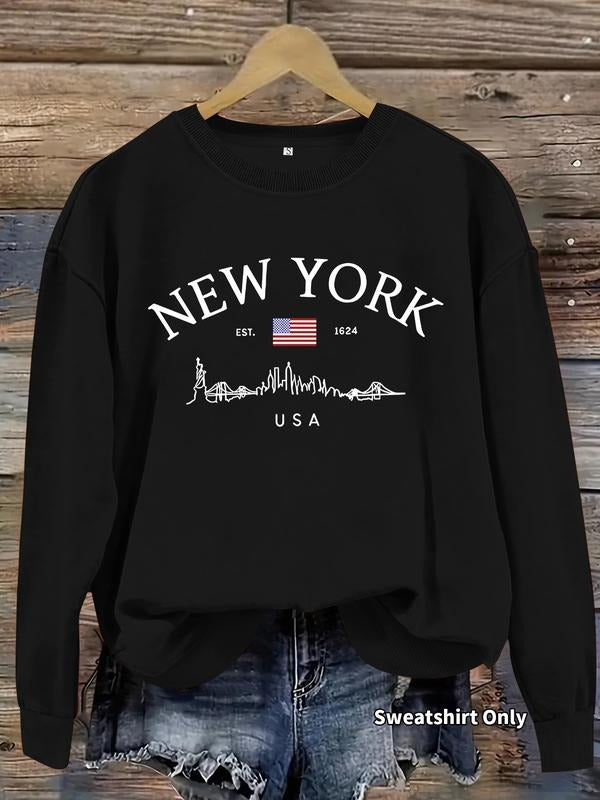 Women's Casual New York Skyline Print T-Shirt & American Flag Pullover, Soft Long Sleeve Round Neck Sweatshirt, Daily...