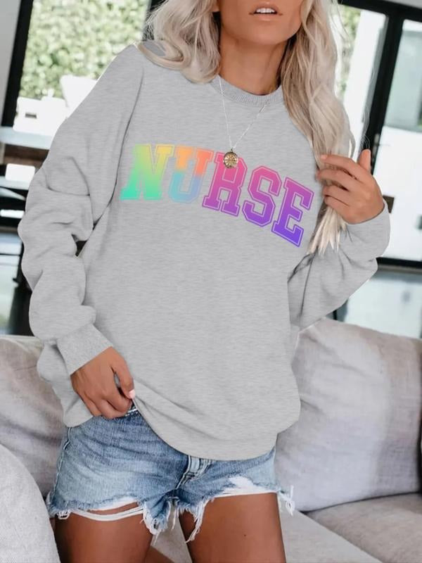 Women's Casual Nurse Letter Print Pullover Sweater, Soft Long Sleeve Round Neck Sweatshirt, Comfortable Daily Wear...