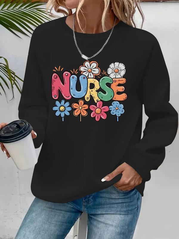 Women's Casual Nurse Pattern Floral Print Round Neck Sweatshirt, Fall & Winter, Graduation, Teacher, Back to School...