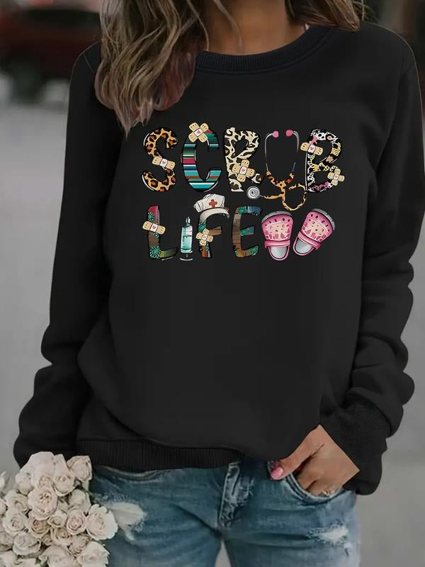 Women's Casual Nurse Theme Pullover Sweater, Soft Long Sleeve Round Neck Sweatshirt, Comfortable Daily Wear T-Shirts, Hoodie