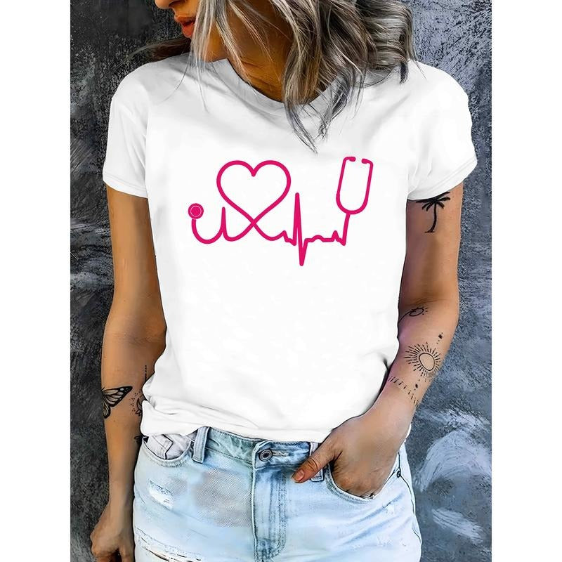 Women's Casual Nurse-Themed T-Shirt with Heart and Stethoscope Print, Soft Polyester Blend, Machine Washable