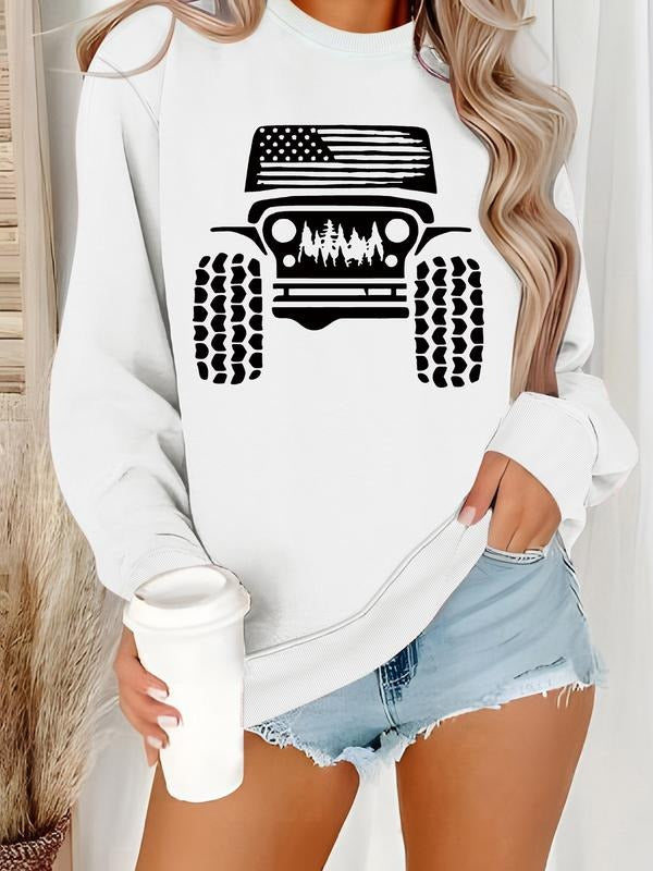 Women's Casual Off-Road Car Print Pullover Sweater, Soft Long Sleeve Round Neck Sweatshirt, All-Season Comfortable Wear...