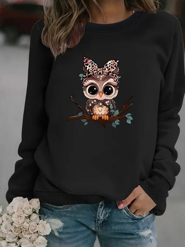 Women's Casual Owl Branch Print Pullover Sweater, Soft Long Sleeve Round Neck Sweatshirt, Comfortable Daily Wear...